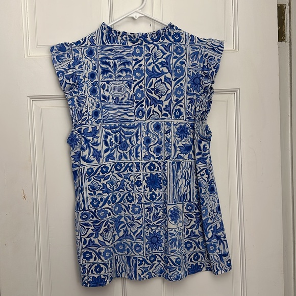 Tiled Mixed Media Ruffle Button Shell - Picture 5 of 7